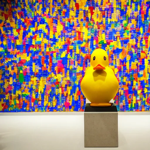 Prompt: wide shot, one photorealistic rubber duck in foreground on a pedestal in an cavernous museum gallery, metropolitan museum of art, the walls are covered with colorful geometric wall paintings in the style of sol lewitt, tall arched stone doorways, through the doorways are more wall paintings in the style of sol lewitt.