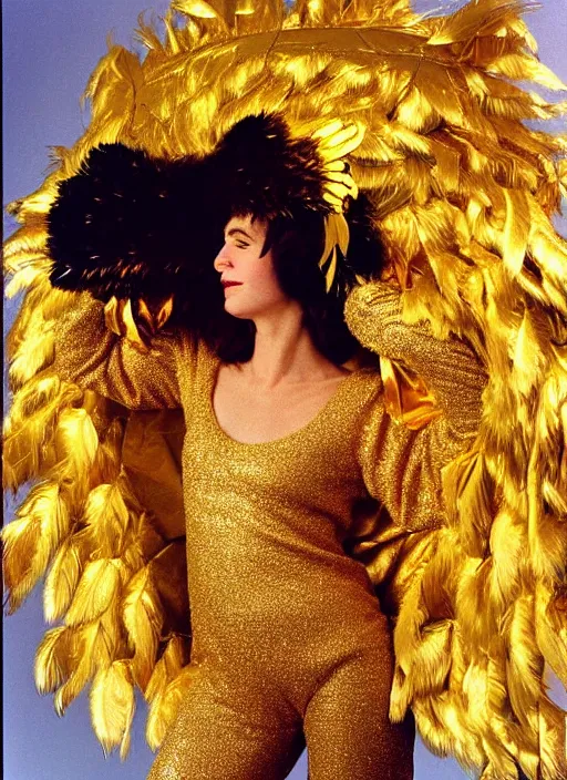 Image similar to realistic detailed photo of the sleeping person, wearing a golden leaf feathers fluffy fur carnival costume with golden sparkles. 1 9 9 0, life magazine reportage photo