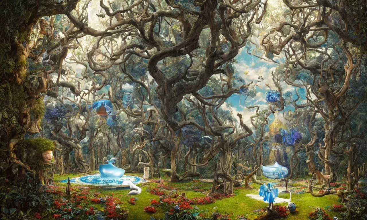 Image similar to the eye of sight falling down the rabbit hole of alice in wonderland, art by james gurney and greg rutkowski and rene magritte, surrealism by salvador dali, very detailed, high resolution, symmetry, volumetric lighting