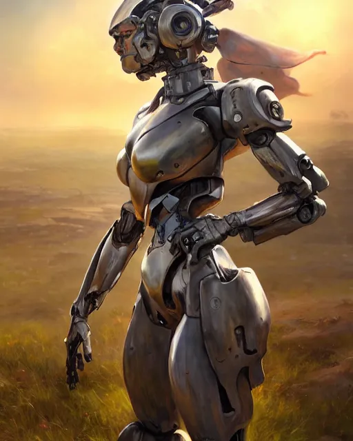 Image similar to daniel gerhartz and artgerm full portrait digital rococo painting of a beautiful serious woman wearing a mecha suit, war torn battlefield in the background, glinting sunlight, unreal engine, hyper realism, realistic shading, cinematic composition, blender render, octane render, hdr, detailed textures, photorealistic, wide shot, 3 5 mm film