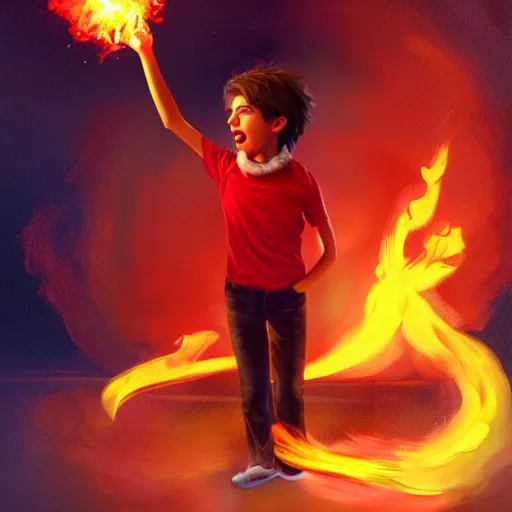 Image similar to colorful and festive captivating young child boy, brown fluffy hair, wearing red and yellow clothes, shooting a fire sphere out of his fist. full body, rich vivid colors, ambient lighting, dynamic lighting, 4 k, atmospheric lighting, painted, intricate, highly detailed by charlie bowater