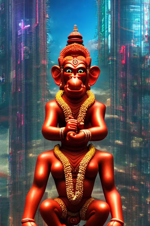 Image similar to high quality 3 d cyberpunk biomorphic hanuman! head building in the middle of mumbai!!, kalighat highly detailed, cinematic smooth, stephen shore & john j. park, soft morning light, wide shot, high angle, uhd 8 k, sharp focus