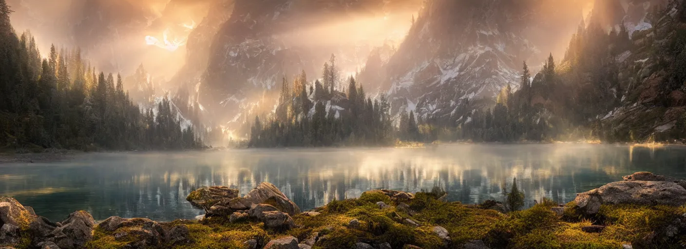 Image similar to photograph of mountains with a lake in front of them, trees on the side, rocks in foreground, mist with rays of light by marc adamus, highly detailed, intricate detail, cinematic lighting