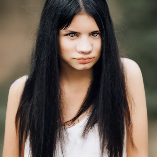 Image similar to young woman with long messy black hair, slightly smiling, 1 3 5 mm nikon portrait