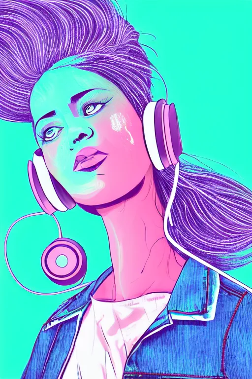 Image similar to a award winning half body portrait of a beautiful woman with stunning eyes in a croptop denim jacket and cargo pants with ombre purple pink teal hairstyle dancing with headphones on her ears by thomas danthony, surrounded by whirling illuminated lines, outrun, vaporware, shaded flat illustration, digital art, trending on artstation, highly detailed, fine detail, intricate