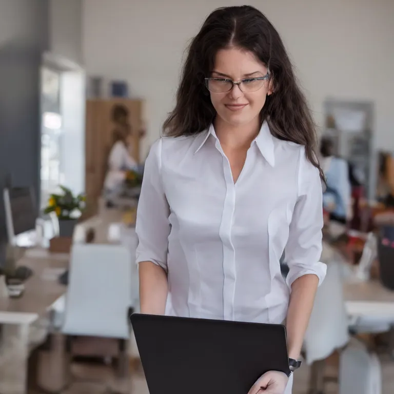 Prompt: woman in business blouse showing a laptop screen to the camera, stock photo,
