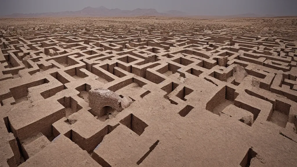 Image similar to surreal ancient ruins of a giant maze in the desert, photography by zhang kechun