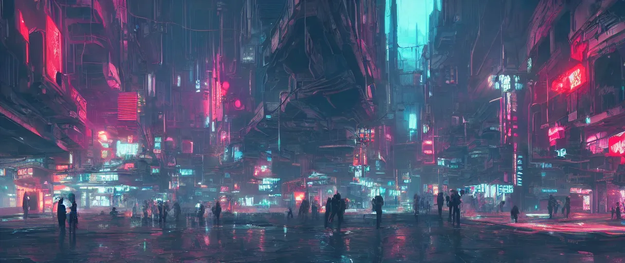 Image similar to concept art environment design of dystopian cyberpunk city with neon lights, people on the streets being monitored by drones, trending on artstation, painted by dreadjim, eddie mendoza, wlop