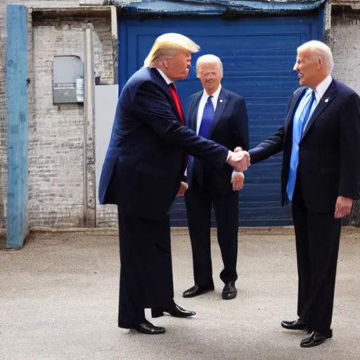Prompt: Donald Trump and Joe Biden shaking hands in an alley