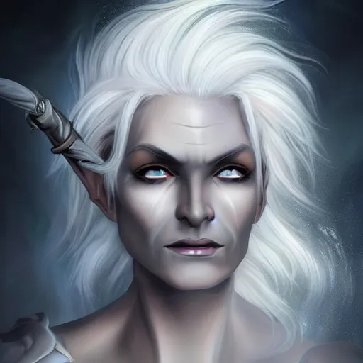 Image similar to beautiful old female dark elf with white hair holding a scroll, storm background, digital painting, detailed, realism, perfect symmetry