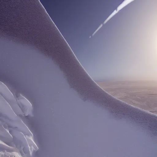 Prompt: ”looking at a snowy crater in the middle of desert from an airplane, 4k, beautiful, greg rutkowski”