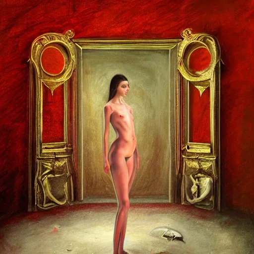 Image similar to Renee Herbert full body laying in a blood red pool of water between a golden mirror frame, outside is space and inside the mirror frame is a beautiful landscape., physically accurate, dynamic lighting, intricate, elegant, highly detailed, digital painting, artstation, HR GIGER, Hieronymus Bosch, Francis Bacon, concept art, smooth, sharp focus, illustration, art by artgerm and greg rutkowski and alphonse mucha