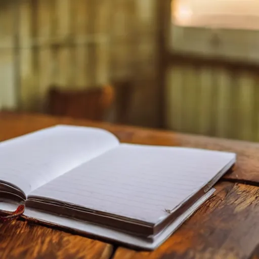 Image similar to highly detailed close up photo of an old worn notebook on wooden table, old table, feather pen, light coming out of near window, moody lighting, dim atmosphere, dust in air