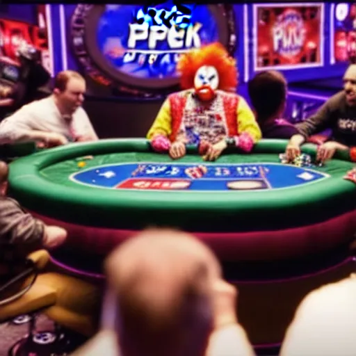 Image similar to world series of poker, a clown is at the final table, espn coverage, screenshot,