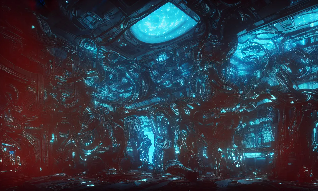 Prompt: Prometheus biological sci-fi environment set, glowing blue control panel, in a nightmarish universe of odd forms and somber tapestry, HR Giger and Vincent Di Fate, vivid color scheme, featured in artstation, octane render, cinematic, elegant, intricate, 8k