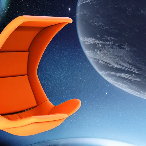 Prompt: orange chair floating in space above earth