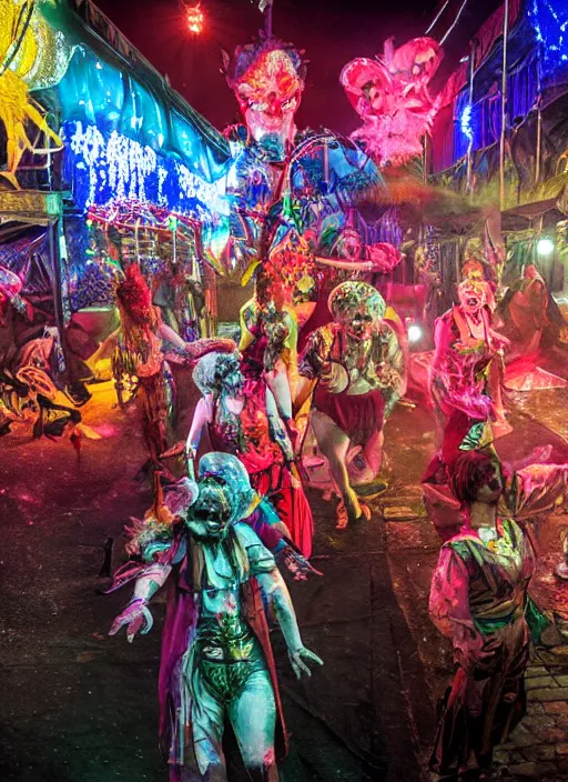 Prompt: aesthetic whimsical horror, silent hill carnival, fools and jesters performing at a carnival, high-resolution, extreme detail, beautiful colorful lights