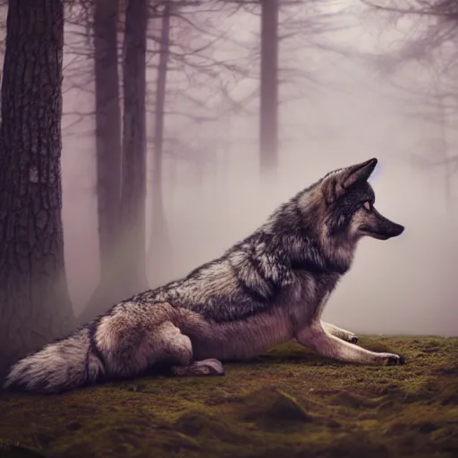 Image similar to photo of a wolf fursuit, meditating in the forest, in the morning, fog, ambient light, furaffinity