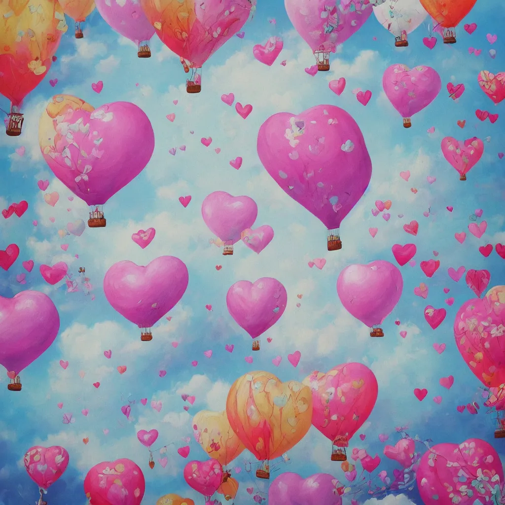 Image similar to ultra detailed painting that is beautiful and whimsical with cotton candy clouds and balloon hearts and flowers inside