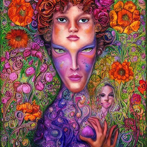 Prompt: a painting of a woman's face surrounded by flowers, a surrealist painting by josephine wall and ( ( ( alice mason ) ) ), deviantart, psychedelic art, psychedelic, biomorphic, detailed painting