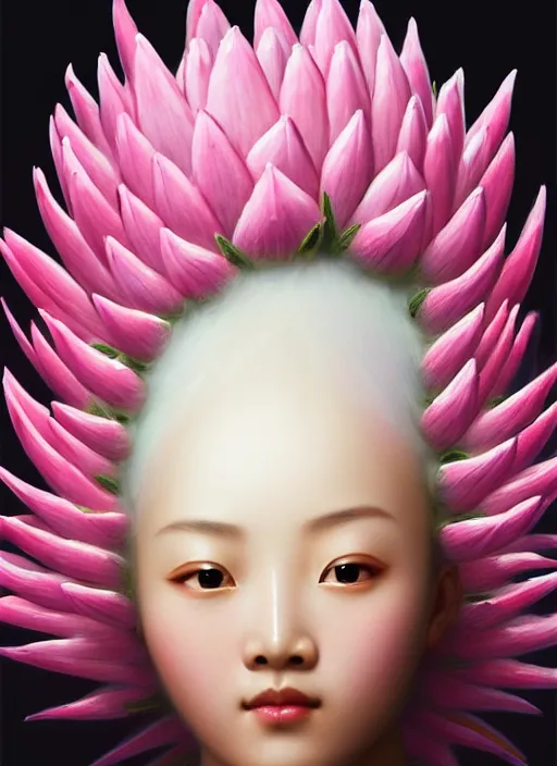 Image similar to stunning chinese princess, detailed pink and white protea head peace against a black backdrop by ivan aivazovsky, wlop, super sharp details, photorealism, 5 0 mm lens, oil painting, beautiful soft lighting, muted colours, artstation