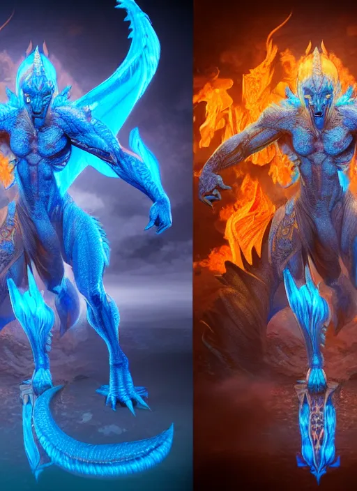 Image similar to muscular and tall blue ghostly fire humanoid dragon!!!! draconian!! intricate ornate iridescent exoesqueleton!! character concept art, sharp focus, octane render! unreal engine 5! highly rendered!! trending on artstation!! detailed linework!! illustration by artgerm, wlop, and chie yoshii