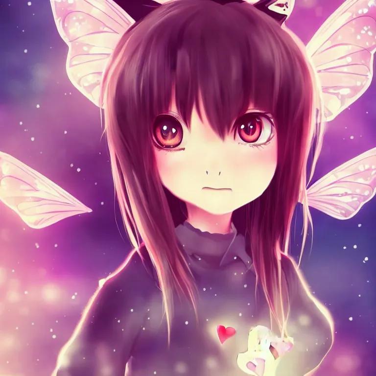 Image similar to cute, full body, female, anime style, a cat girl with fairy wings, large eyes, beautiful lighting, sharp focus, simple background, creative, heart effects, filters applied, illustration