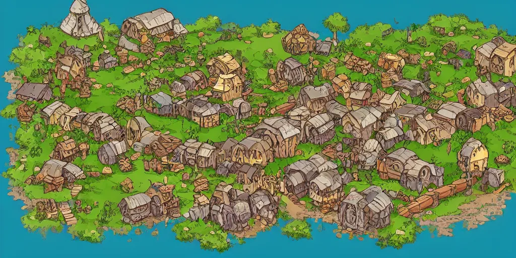 Image similar to a high detailed fantasy bandit camp vector art an aerial view of a cartoonish rpg village by dungeondraft, dofus, patreon content, hd, straight lines, vector, grid, dnd map, map patreon, fantasy maps, foundry vtt, fantasy grounds, aerial view, dungeondraft, tabletop, inkarnate, dugeondraft, roll 2 0