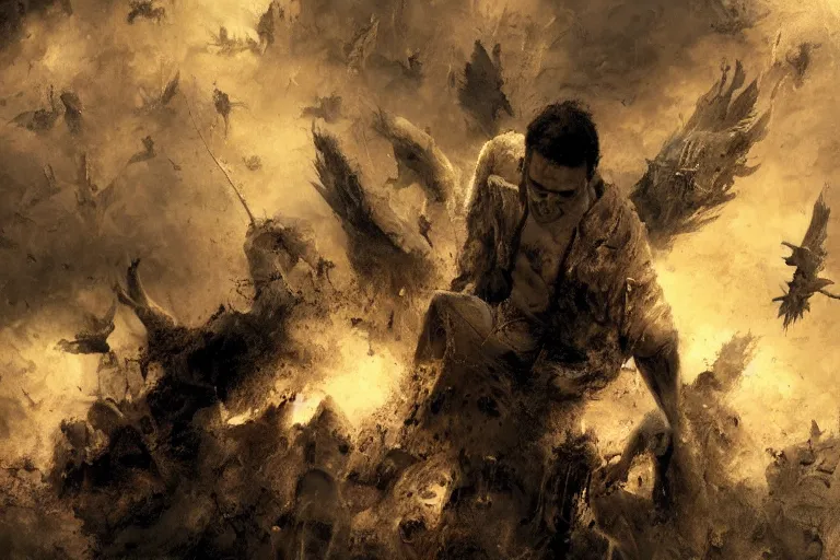 Prompt: Lucifer and his army falling from heaven, realistic, extreme detail, dark, clouds, gritty texture, Craig Mullins