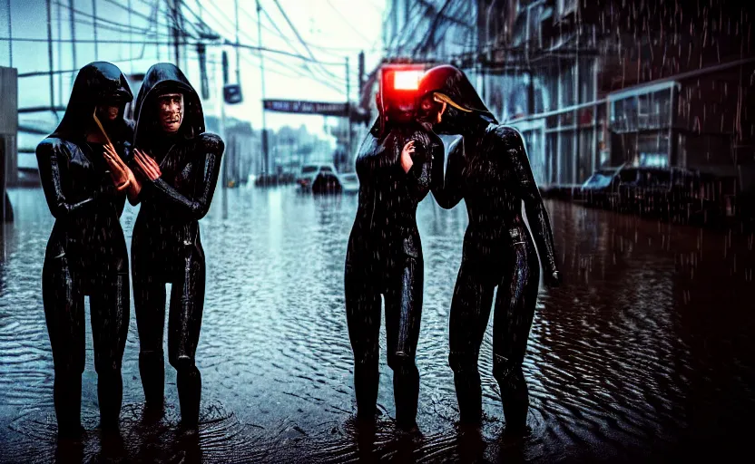 Image similar to cinestill 5 0 d candid photographic portrait by steve mccurry of two loving female androids sobbing wearing rugged black mesh techwear in treacherous waters, flooded city, medium closeup, retrofuturism cyberpunk moody emotional cinematic, pouring iridescent rain bright spotlight helicopter, 8 k, hd, high resolution, 3 5 mm, f / 3 2, ultra realistic faces, ex machina