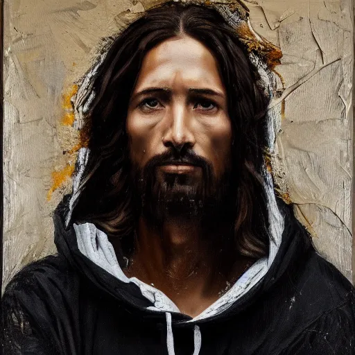 Image similar to a portrait of modern day jesus wearing hypebeast streetwear hoodie and pants by nicola samori, oil painting, realistic, 8 k, fear of god style