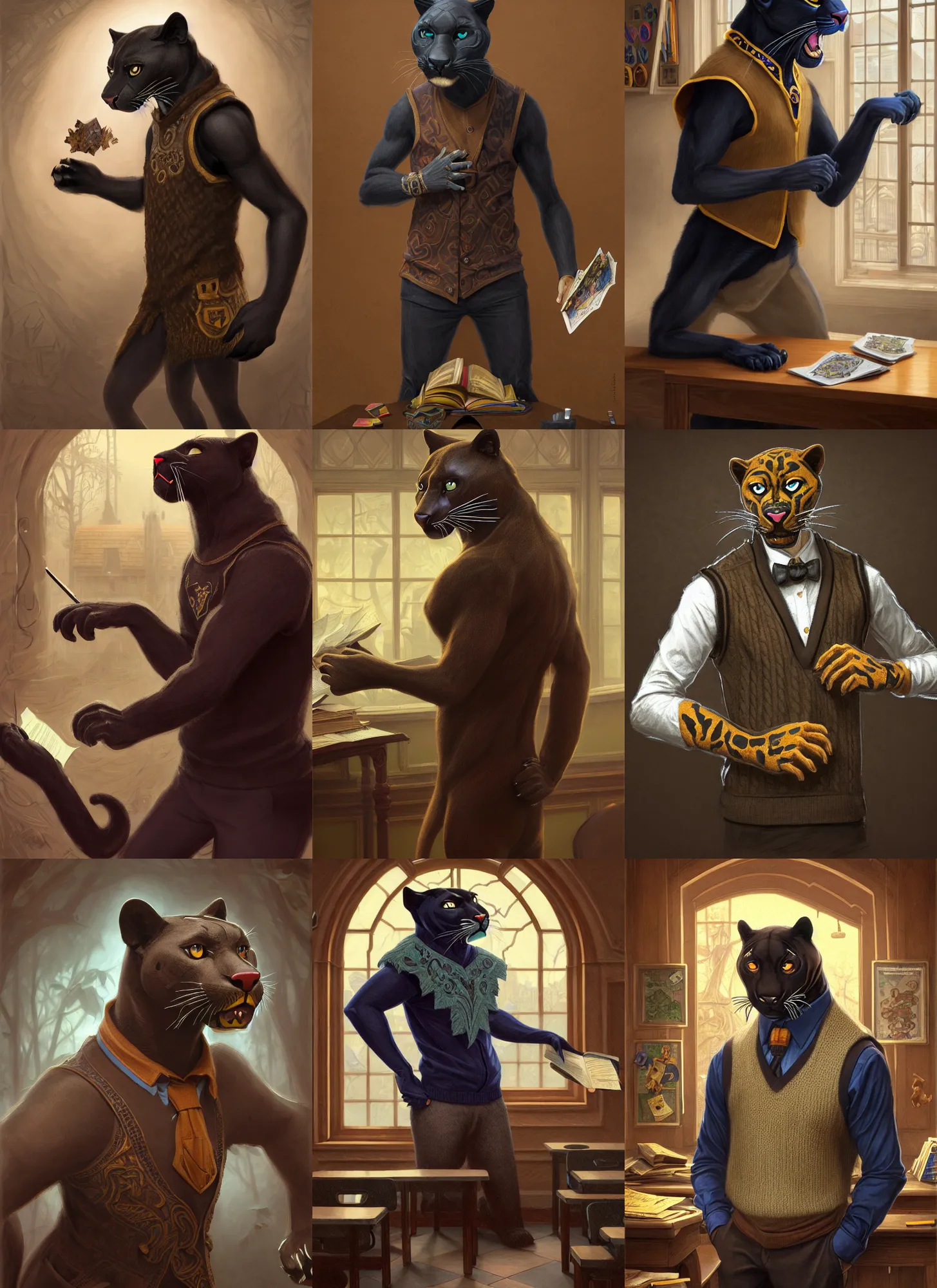 Prompt: photograph of a male anthropomorphic panther fursona wearing a sweater vest in a school classroom, deep focus, intricate, elegant, highly detailed, digital painting, artstation, concept art, matte, sharp focus, illustration, d & d, fantasy, hearthstone, art by artgerm and greg rutkowski and alphonse mucha