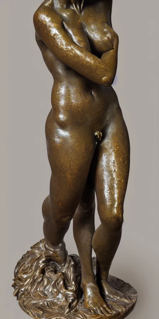 Prompt: detailed photo of an old bronze patina statue of a seducing beauty, full body portrait, various seducing pose, aphrodite, photorealism, intricate detail, museum diffuse lighting