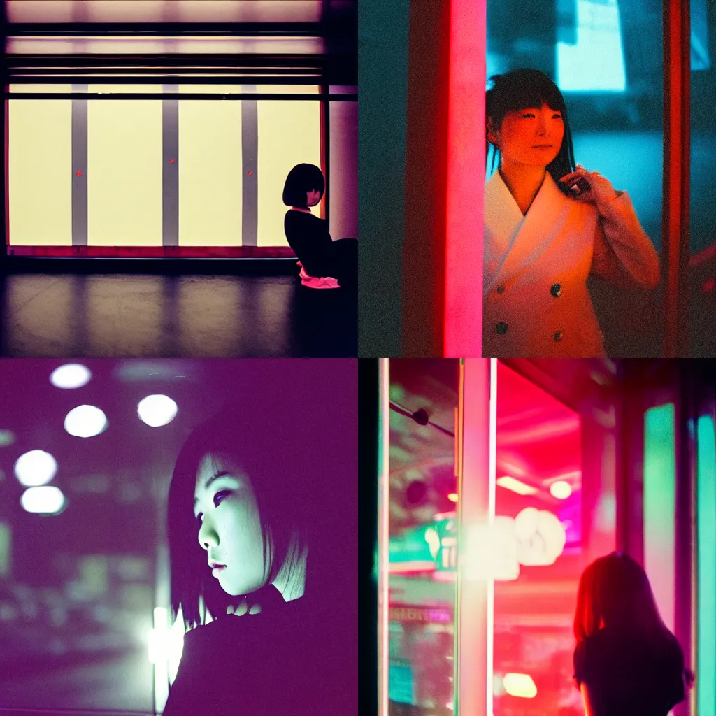 Prompt: A portrait photography of a Japanese woman leaning into a highly reflective window in front of her. Neo Tokyo mood. Neon lights and glow in the background. High contrast. Film grain. Depth of field. Lens flare. Kodak Portra 800 film. Detailed. Cinematic. High quality.