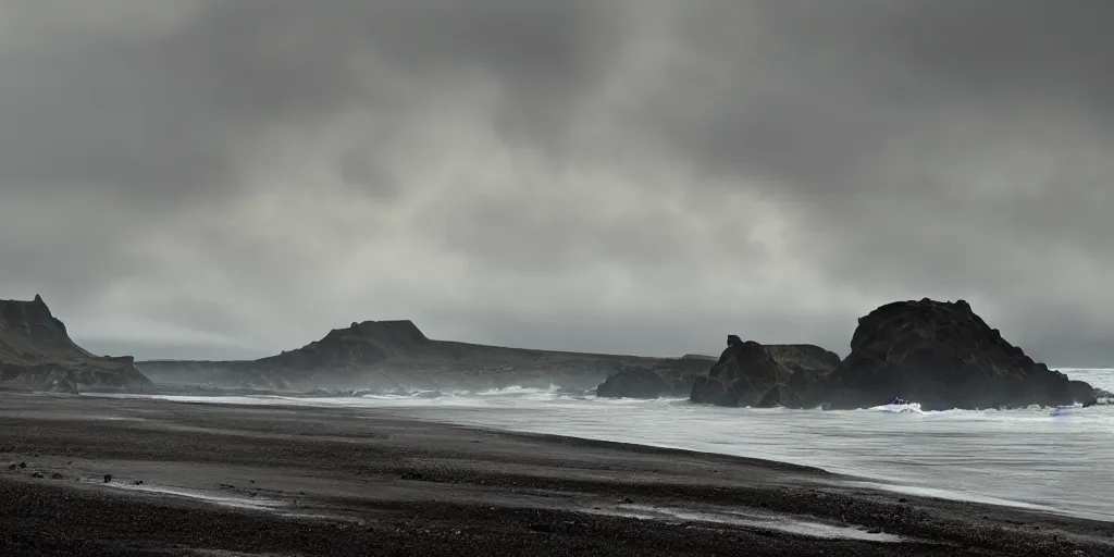 Prompt: icelandic coast. black sand. dramatic sky. cinematic. intricate. mist. low angle wide shot. highly detailed. matte painting in the style of craig mullins.