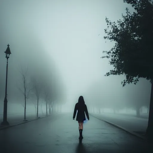 Image similar to girl in a creepy foggy town