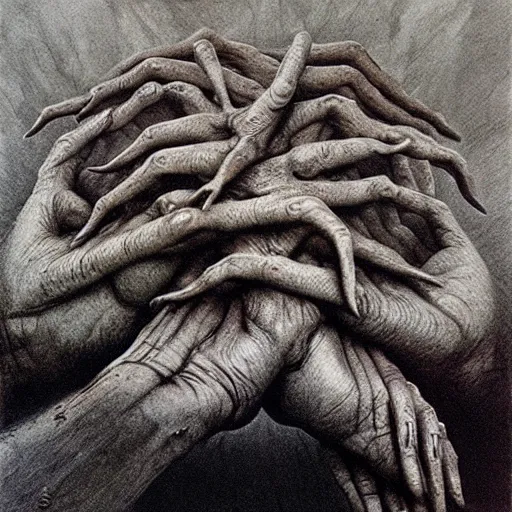 Image similar to hand with six arms by Zdzislaw Beksinski and H.R. Giger