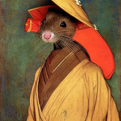 Prompt: a portrait of a brown ninja male rat with human eyes wearing a red kimono, titian, sam spratt, maxfield parrish, gustav klimt, tom bagshaw, mark ryden, alphonse mucha, rembrandt, high quality, painting, oil