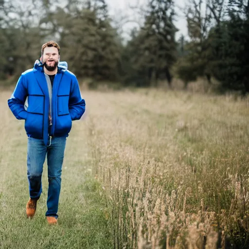 Prompt: steven bonnell ii in a blue jacket walking in a field, 2 0 mm sigma lens, sony a 7 siii