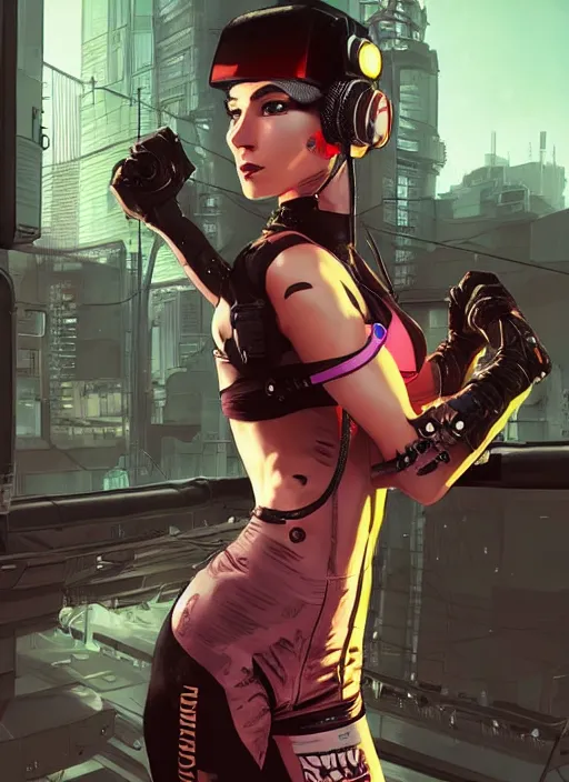 Prompt: Smug Maria. Female cyberpunk fitness babe wearing a cyberpunk tactical headset and jumpsuit. gorgeous face. Realistic Proportions. Concept art by James Gurney and Laurie Greasley. Moody Industrial skyline. ArtstationHQ. Creative character design for cyberpunk 2077.