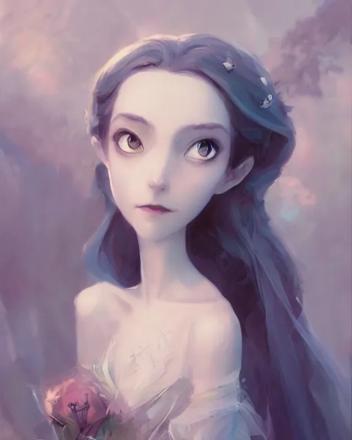 Image similar to elegant mysterious solemn victoria everglot from the corpse bride, portrait, illustration, rim light, top light, summer clear blue sky, perfectly shaded, soft painting, art by krenz cushart and wenjun lin