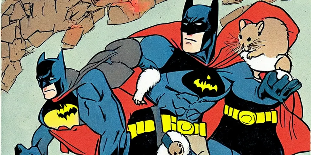 Image similar to Batman posing with a hamster, comic book style