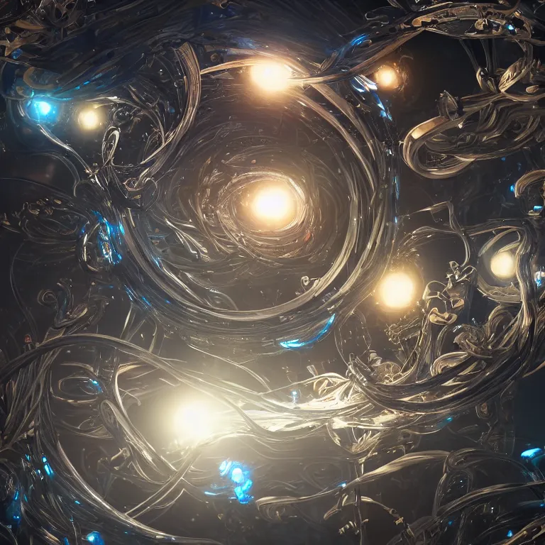 Image similar to swirling abstract cyborg parts and bio - mechanical tendrils and ornate flowing smoke streams and liquid light streaks surround a small metallic sphere, cinematic, unreal engine