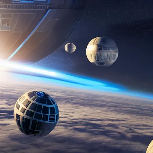 Image similar to death star inspired by star wars movies above the horizon, galaxy and stars in background, highly detailed, photorealistic shot, bright studio setting, studio lighting, crisp quality and light reflections, unreal engine 5 quality render