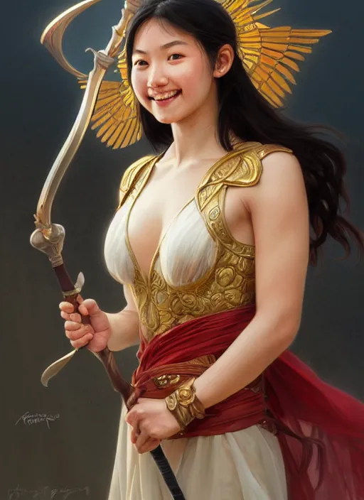 Image similar to Close-up portrait of smiling young asian woman wearing a winged helmet and bare shoulders, holding a magic staff, portrait, highly detailed, digital painting, artstation, concept art, sharp focus, illustration, art by artgerm and greg rutkowski and alphonse mucha