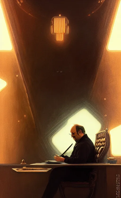 Image similar to portrait of salman rushdie writing in the dark, deep focus, blade runner 2 0 4 9, fantasy, intricate, elegant, highly detailed, digital painting, artstation, concept art, matte, sharp focus, illustration, art by artgerm and greg rutkowski and alphonse mucha