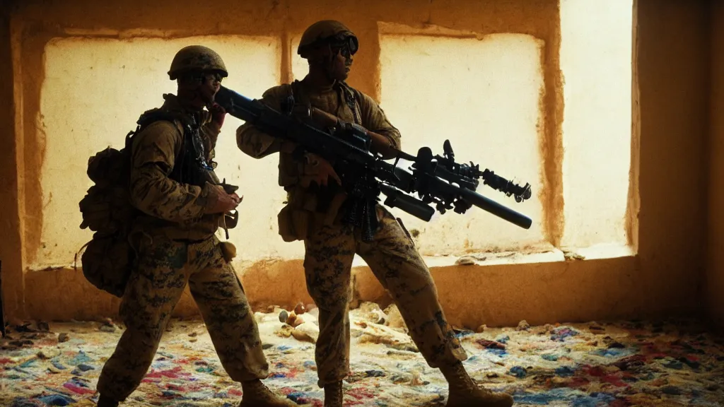 Prompt: film still of a marine soldier with a sniper rifle on his back standing in a dusty room with traditional colorful carpets on the wall in front of a sandy window. moody, grainy, 4 k, high detail, aesthetic, good composition, overdetailed, room cluttered with items, anatomically correct, directed by quentin tarantino,