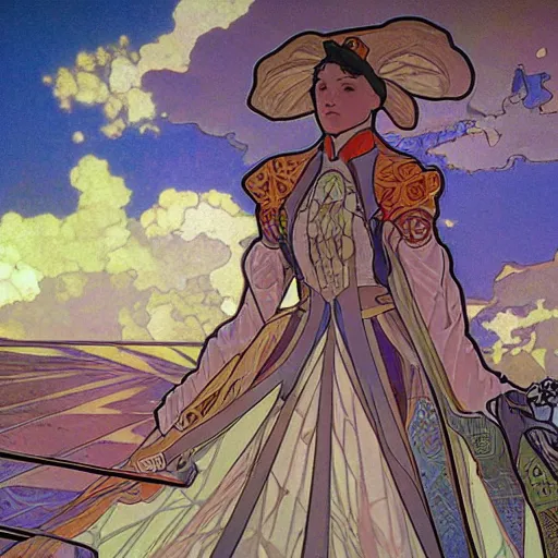 Prompt: solarpunk art nouveau space skyship mechanical trade caravan by magic the gathering cinematography by alphonse mucha