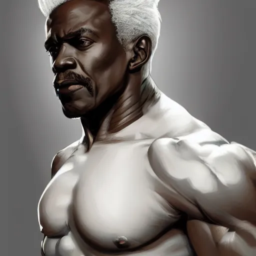 Image similar to wow, fanart ugly muscular black man with white hair and a protruding jaw with visible pectoral muscles, detailed, digital art, artstation, smooth, sharp focus, art by artgerm, greg rutkowski, alphonse mucha