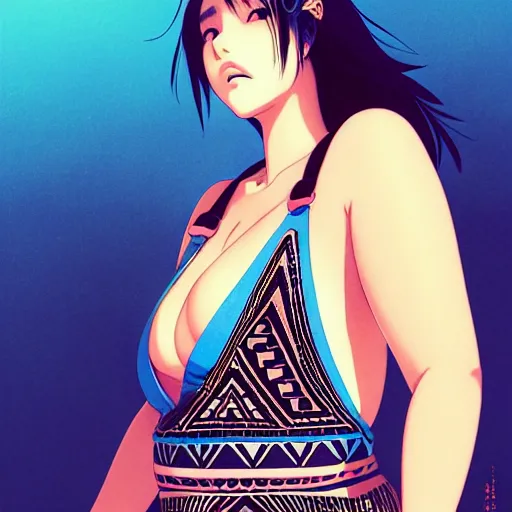 Image similar to a beautiful plus sized model japanese natalie portman, alluring plus sized model, wearing mayan leotard with overalls, street fashion hip hop style with mayan patterns, aztec street fashion, gapmoe yandere grimdark, trending on pixiv fanbox, painted by greg rutkowski makoto shinkai takashi takeuchi studio ghibli, akihiko yoshida